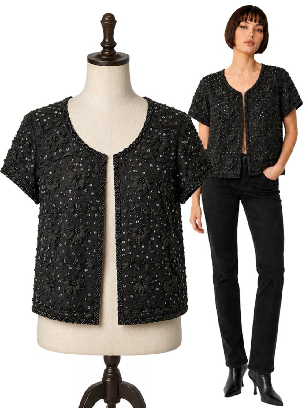 Joseph A Women's M Black Beaded Floral Sequin Y2K Cropped Cardigan